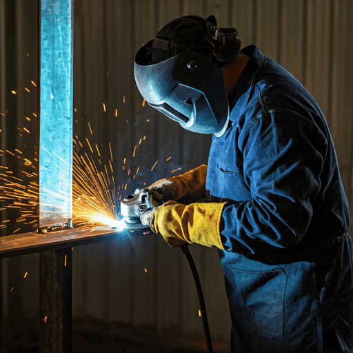 Welder grinding metal structure with sparks